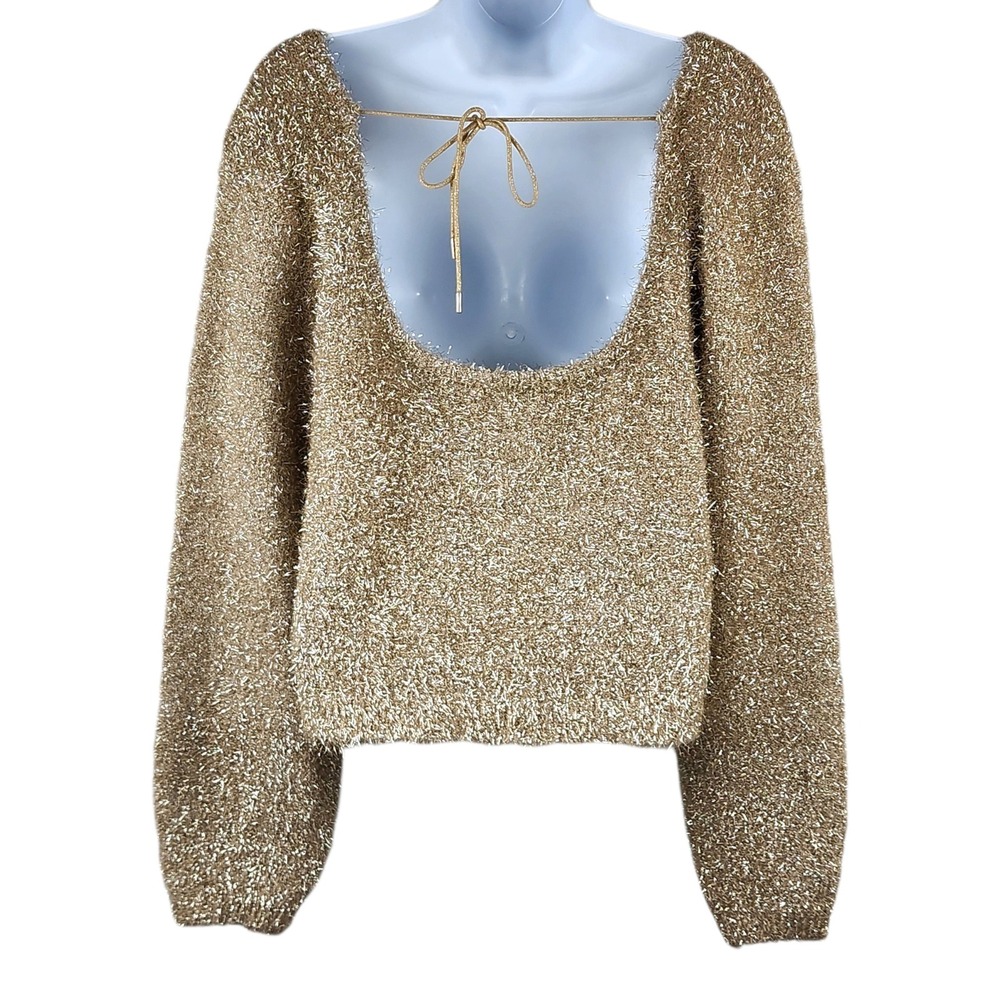 By Anthropologie Eyelash Pullover Sweater M Gold Metallic Tinsel Scoop Back Tie - Picture 4 of 12